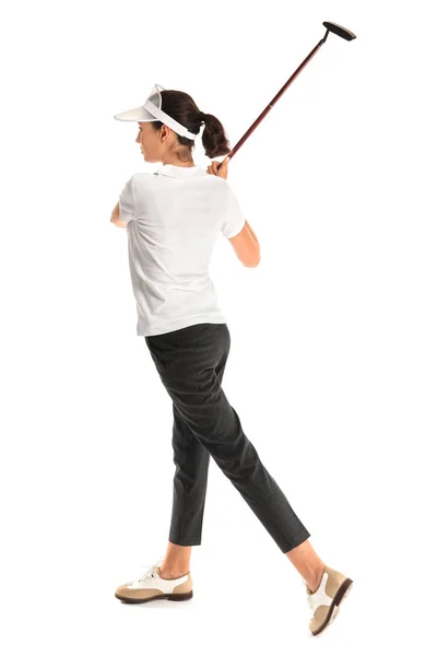 Bonito golfista feminino isolado no branco — Fotografia de Stock