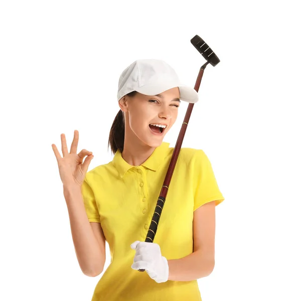 Beautiful female golfer showing OK on white background — Stock Photo, Image