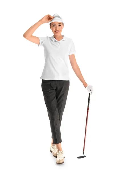 Beautiful female golfer isolated on white — Stock Photo, Image