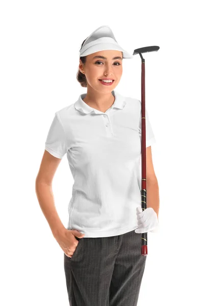 Piękna golfistka odizolowana na białym — Zdjęcie stockowe