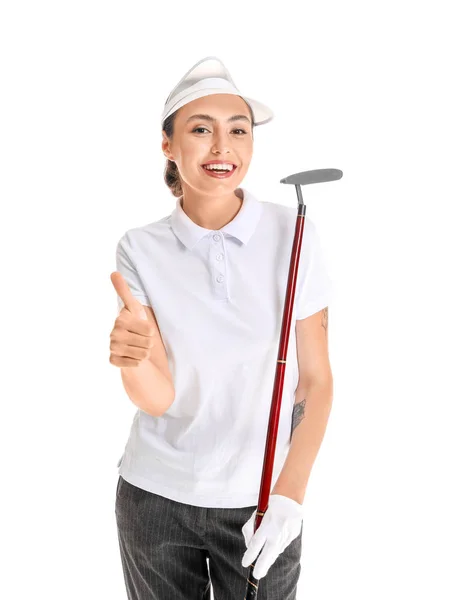 아름다운 여성 골프 선수가 하얀 배경 위에서 엄지손가락을 펴는 모습 — 스톡 사진