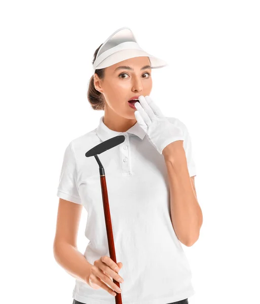 Sorpresa golfista femminile isolato su bianco — Foto Stock