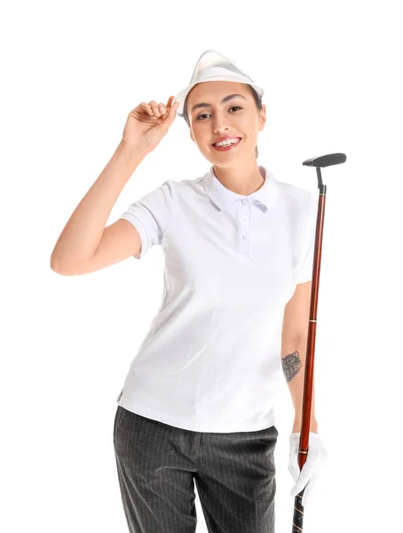 Bella golfista donna isolata su bianco — Foto Stock