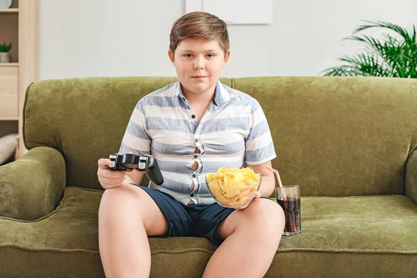 Overweight boy with chips playing video game at home — Stock Photo, Image