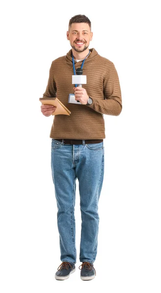 Jornalista masculino com microfone sobre fundo branco — Fotografia de Stock