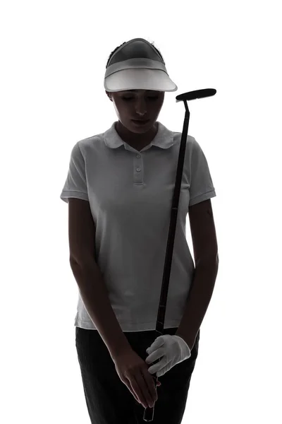 Silhueta de golfista feminina bonita isolada em branco — Fotografia de Stock