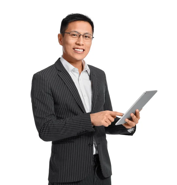 Portrait of Asian businessman with tablet computer on white background — Stock Photo, Image