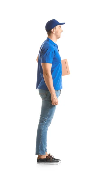 Delivery man with box on white background — Stock Photo, Image