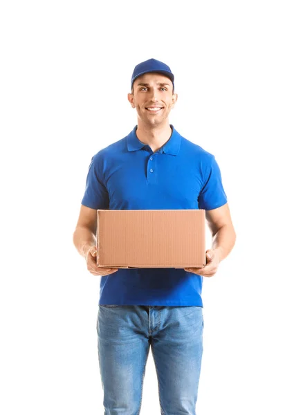 Delivery man with box on white background — Stock Photo, Image