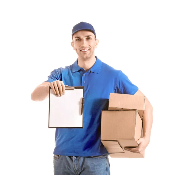 Entrega homem com caixas no fundo branco — Fotografia de Stock