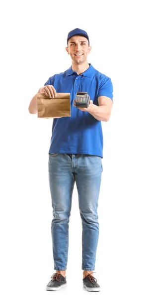 Delivery man with payment terminal and bag on white background — Stock Photo, Image