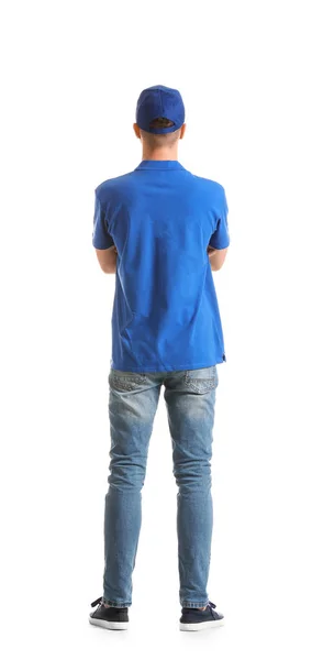 Handsome delivery man on white background, back view — 스톡 사진