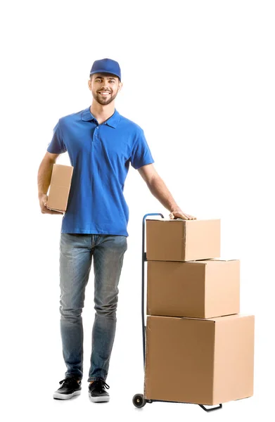 Delivery man with boxes on white background — Stock Photo, Image