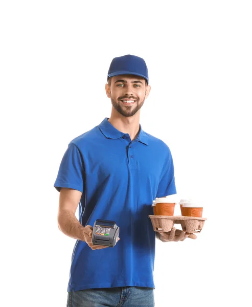 Knappe werknemer van Food delivery service met betaalterminal op witte achtergrond — Stockfoto