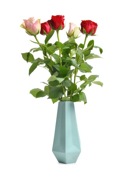 Vase with beautiful rose flowers on white background — Stock Photo, Image