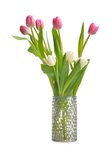 Vase with beautiful tulip flowers on white background — Stock Photo, Image