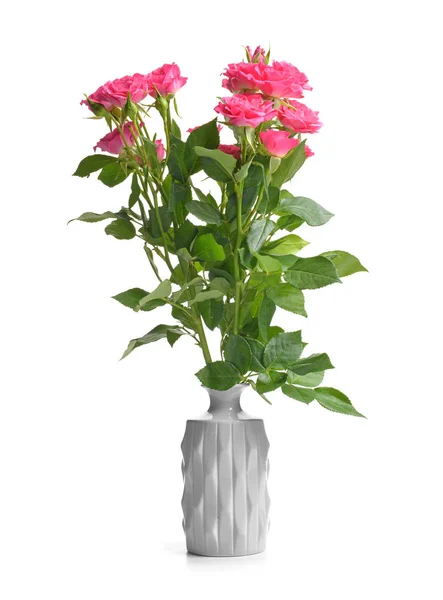 Vas med vackra rosa blommor på vit bakgrund — Stockfoto