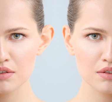 Young woman before and after plastic operation on light background, closeup clipart