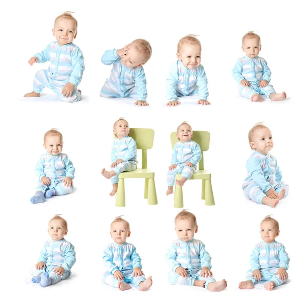 Collage with cute little baby on white background — 스톡 사진