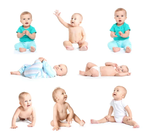 Colagem com bebês bonitos no fundo branco — Fotografia de Stock