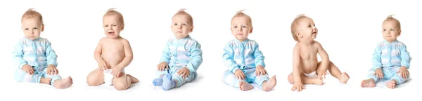 Collage med söt rolig baby på vit bakgrund — Stockfoto