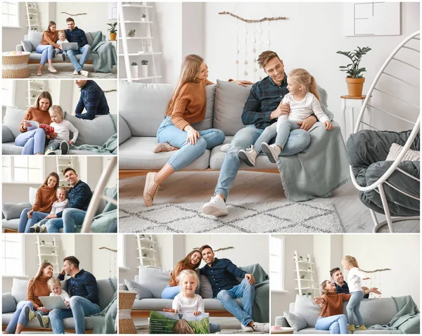 Colagem de fotos com a família jovem feliz descansando no sofá em casa — Fotografia de Stock