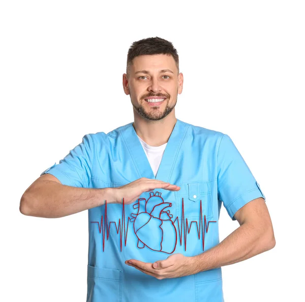 Man kardiolog med ritat hjärta och kardiogram på vit bakgrund — Stockfoto