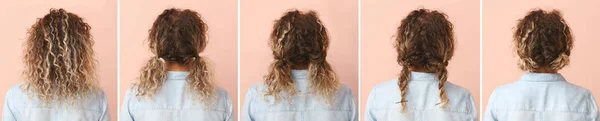 Colagem de mulher bonita com penteados diferentes no fundo de cor — Fotografia de Stock