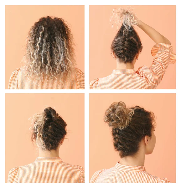 Collage de belle femme avec différentes coiffures sur fond de couleur — Photo