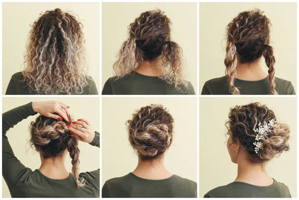 Collage de belle femme avec différentes coiffures sur fond de couleur — Photo