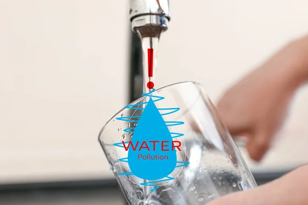 Woman filling glass with water from faucet, closeup. Problem of pollution — Stock Photo, Image