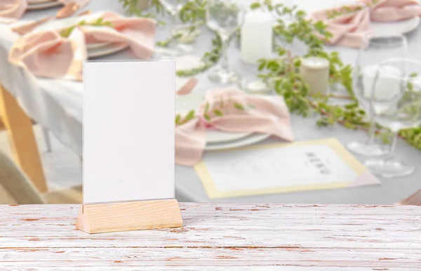 Blank menu against beautiful table setting with floral decor — Stock Photo, Image