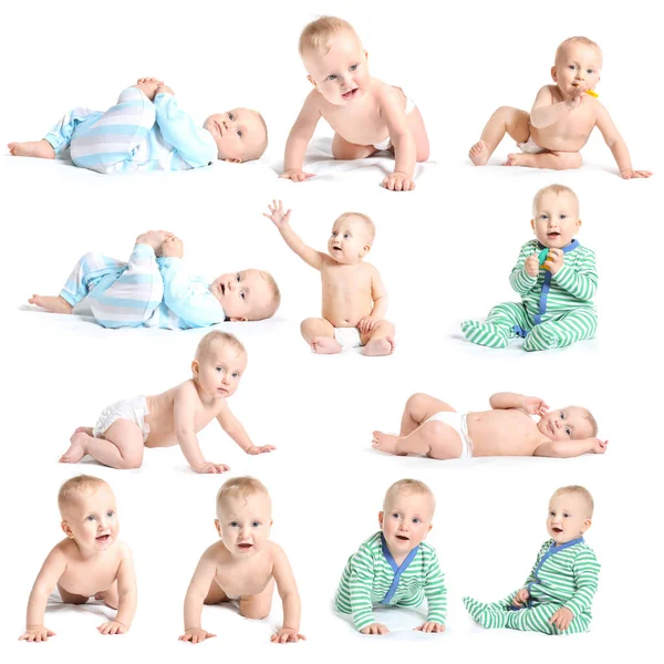 Collage con simpatico bambino divertente su sfondo bianco Fotografia Stock