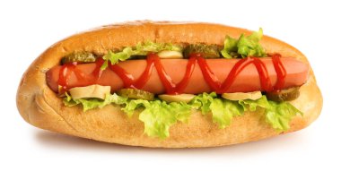 beyaz zemin üzerine lezzetli sosisli sandviç