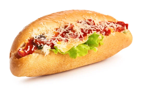 Lekker Hot dog op witte achtergrond — Stockfoto
