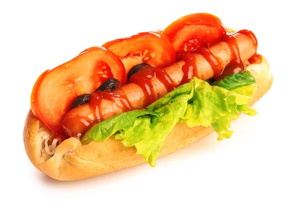 Tasty hot dog on white background — Stock Photo, Image