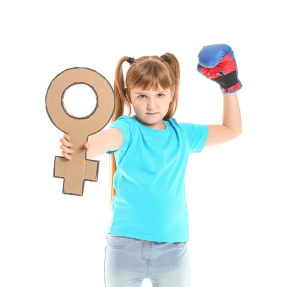 Niña con símbolo de mujer sobre fondo blanco. Concepto de feminismo — Foto de Stock