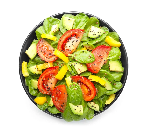 Tigela com salada saborosa no fundo branco, vista superior — Fotografia de Stock