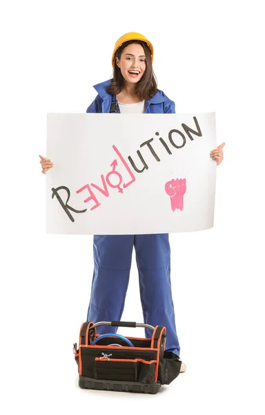 白い背景を背景にテキスト革命でポスターを保持女性労働者。フェミニズムの概念 — ストック写真