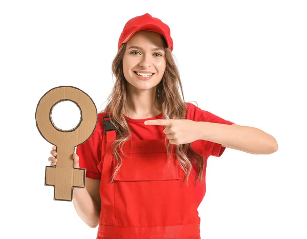 Female worker holding symbol of woman against white background. Concept of feminism — Stock Photo, Image