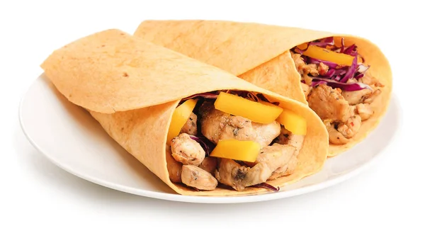 Plate with tasty doner kebab on white background — Stock Photo, Image
