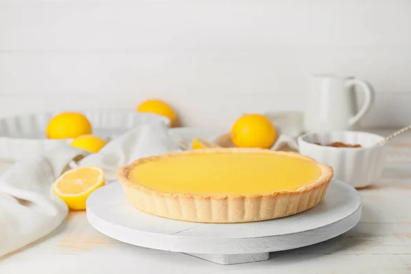 Tasty homemade lemon pie on table