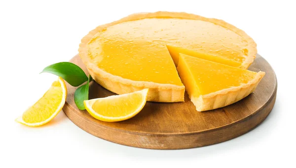 Board with tasty lemon pie on white background — Stock Photo, Image