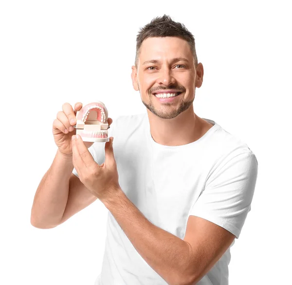 Hombre con modelo de mandíbula de plástico sobre fondo blanco — Foto de Stock