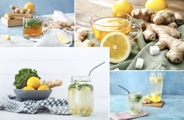 Collage of photos with different ginger beverages — Stock Photo, Image