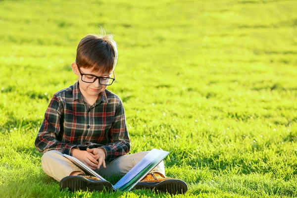 Søt liten gutt leser bok utendørs – stockfoto