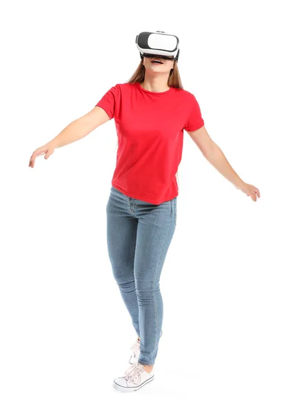 Young woman with VR glasses on white background — Stock Photo, Image