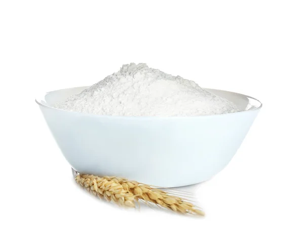 Bowl with flour on white background — Stock Photo, Image