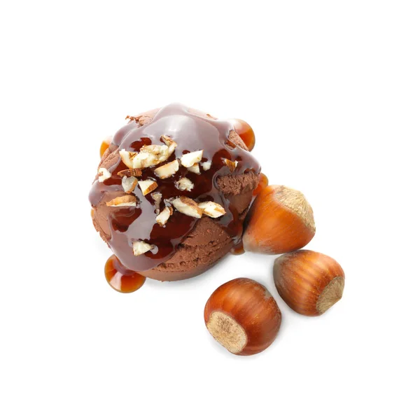 Tasty chocolate ice-cream with nuts on white background — 스톡 사진