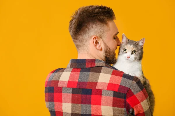Homme avec chat mignon sur fond de couleur — Photo